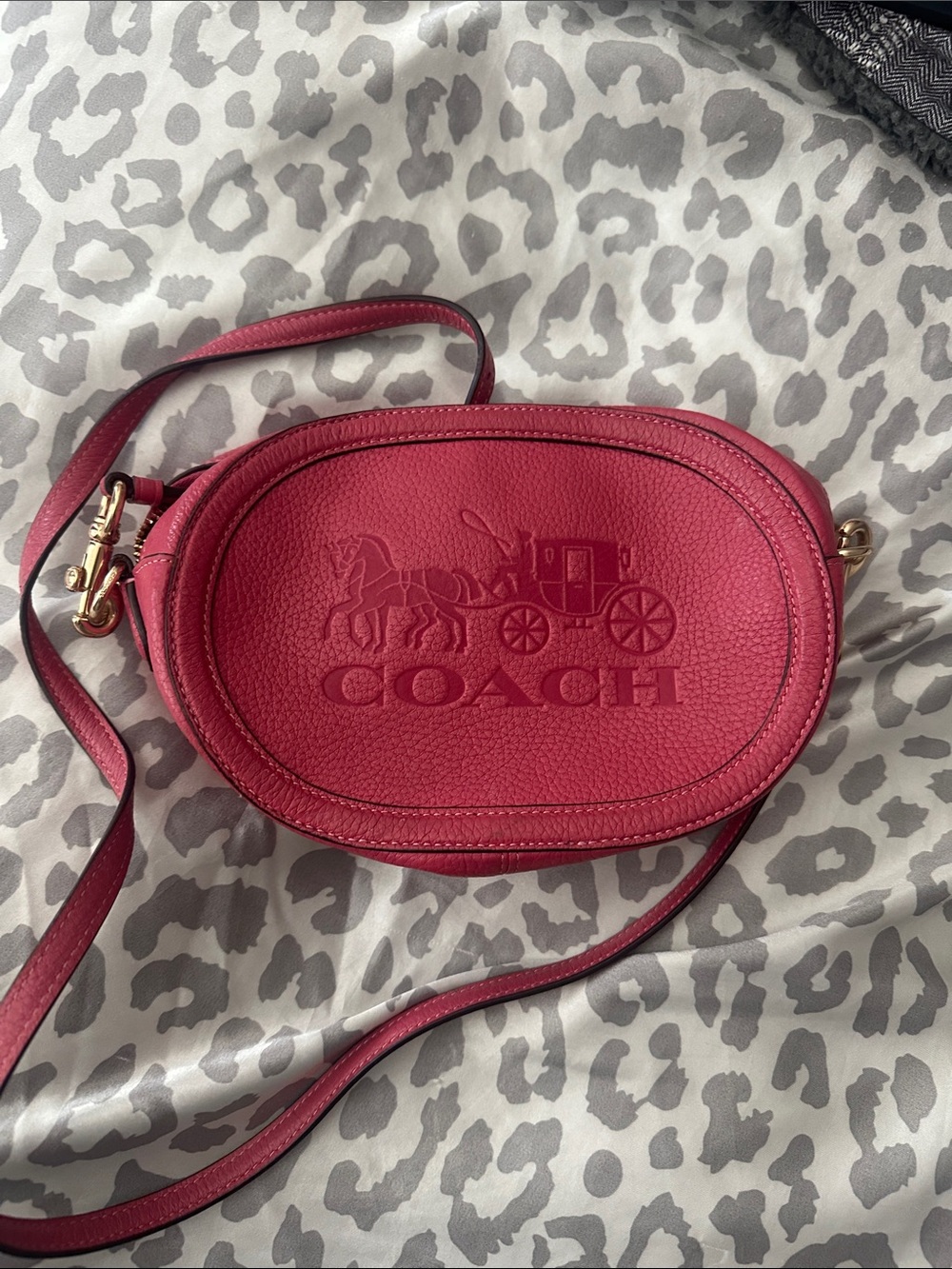 Coach Raspberry Pebbled Leather Oval Crossbody with Gold Hardware